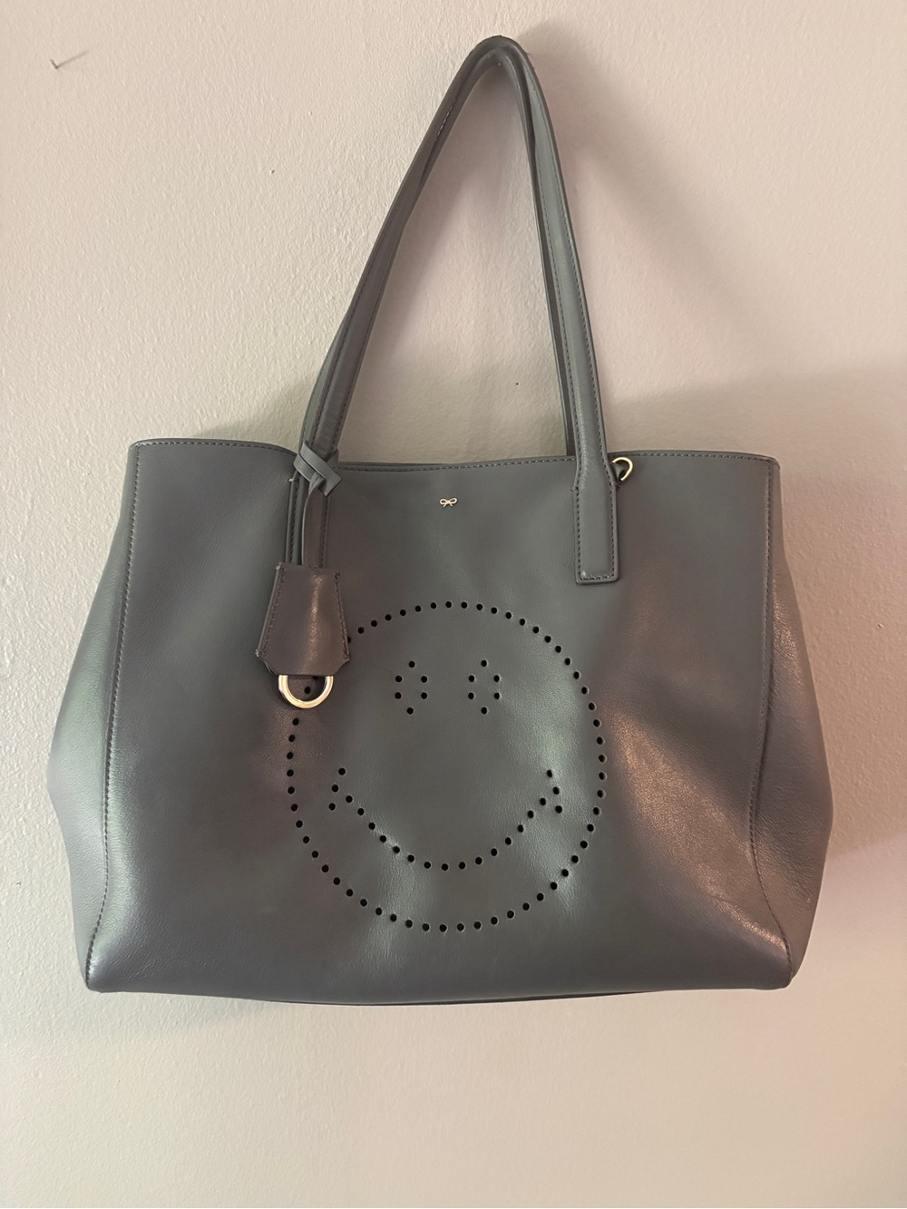 Anya Hindmarch Grey Ebury Leather Tote with Perforated Smile